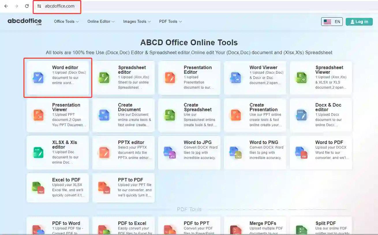 Stap 1: Open Word-editor op abcdoffice.com